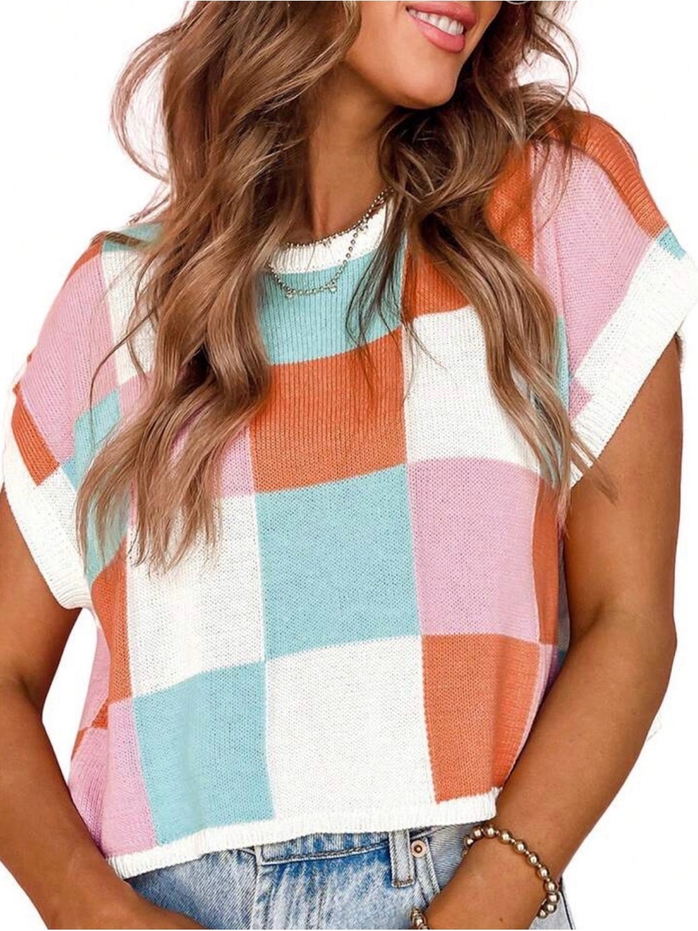 Colorblock Check Knit Tank Top - Pink, Coral & Mint